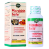 Imagen del producto Microbicin Forte, un jarabe de 100 ml que actúa como antimicrobiano, antiinflamatorio y anticulceroso. El envase incluye información sobre sus propiedades y su uso, destacando su formulación natural. Ideal para quienes buscan un tratamiento alternativo en salud.