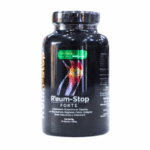 Suplemento R'eum-Stop Forte en envase negro, diseñado para el cuidado de las articulaciones. Contiene ingredientes como glucosamina, magnesio, colágeno, ácido hialurónico y vitamina D, que ayudan a mejorar la salud articular y reducir el malestar. Ideal para personas activas y con problemas articulares. Cada frasco contiene 30 cápsulas, recomendadas para un uso diario.