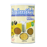 Polvo Solmik's sabor a vainilla para preparar bebida a base de proteína vegetal. Envase de 500 gramos, elaborado con ingredientes como soya, cebada y chocho. Ideal para quienes buscan una opción nutritiva y deliciosa. 100% natural y libre de lactosa, perfecto para dietas veganas y vegetarianas.