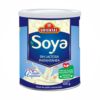 Envase de soya en polvo instantánea de la marca Oriental, libre de lactosa y gluten. Contiene 400 gramos y es ideal para dietas veganas y saludables. Este producto es bajo en colesterol y se presenta en un diseño atractivo, destacando sus beneficios nutricionales. Perfecto para preparar bebidas y recetas.