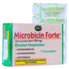 Envase de Microbicin Forte, un medicamento en forma de óvulos vaginales que contiene 150 mg de Citrus paradisi. Este producto está diseñado para combatir infecciones vaginales, ofreciendo propiedades antimicrobianas, antipruriginosas y antifúngicas. Cada caja incluye 10 óvulos bicolores y es un producto natural procesado en Ecuador, indicado para el tratamiento de diversas condiciones vaginales.