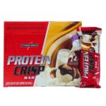 Caja de barritas de proteínas Protein Crisp de 14 g de proteína por porción. Presenta un diseño atractivo con colores rojo y blanco, ideal para quienes buscan un snack nutritivo y energizante. Perfecto para deportistas y personas activas, este producto combina sabor y calidad en cada bocado.