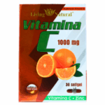 Suplemento alimenticio Vitamina C 1000 mg de Living Natural en presentación de 30 softgels. Envase color naranja con imágenes de naranjas frescas, ideal para fortalecer el sistema inmunológico y mejorar la salud general. Sabor agradable a naranja, combina Vitamina C y Zinc para un efecto antioxidante. Perfecto para quienes buscan un refuerzo diario en su dieta.