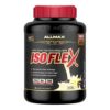 Envase de proteína en polvo Allmax Isoflex, sabor vainilla, con 5 libras de producto. Contiene 90% de proteínas por porción, 276 calorías, 0 gramos de azúcar y 130 miligramos de sodio. Ideal para quienes buscan un suplemento de alta calidad para aumentar masa muscular y mejorar la recuperación post-entrenamiento. Apto para dietas bajas en carbohidratos y sin lactosa.