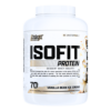 Envase de proteína en polvo Nutrex Isofit de sabor helado de vainilla. Este producto es un aislado de suero de leche premium, ideal para complementar la dieta de quienes buscan aumentar su ingesta de proteínas. Contiene 70 porciones y está diseñado para ayudar en la recuperación muscular y el desarrollo de masa magra. Perfecto para deportistas y entusiastas del fitness que desean un batido delicioso y nutritivo.