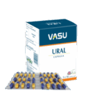 Cápsulas Ural de Vasu, presentadas en un empaque de 50 cápsulas organizadas en blíster. Este producto está diseñado para ayudar en el bienestar urinario y renal, promoviendo una función saludable del sistema. Ideal para quienes buscan un suplemento natural y efectivo.