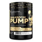 Suplemento pre-entrenamiento Shaaboom Pump de Kevin Levrone, diseñado para aumentar la energía y el rendimiento en el gimnasio. Contiene una mezcla de ingredientes clave como 4000 mg de L-Arginina, 3000 mg de Creatina Monohidratada y 2000 mg de Beta-Alanina. Presentado en un envase negro con detalles dorados, este producto tiene un sabor a frutas y se ofrece en un formato de 365 gramos