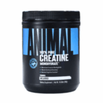 Envase de creatina monohidratada 100% pura de la marca Animal, diseñado para mejorar el rendimiento físico, aumentar la masa muscular y favorecer la recuperación. Producto sin sabor en un frasco negro y azul.