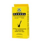 Purgante Maxsol en polvo para suspensión oral, presentado en un envase amarillo. Este producto está diseñado para favorecer la evacuación intestinal y ayudar en la limpieza del intestino. Contiene 24 unidades de 20 g cada una, ideal para quienes buscan un alivio efectivo y rápido. Su uso es sencillo y está disponible sin receta médica.