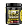 Suplemento pre-entrenamiento Lipo 6 Black Training de Nutrex, presentado en un envase negro y amarillo. Contiene 60 porciones y está diseñado para aumentar la energía y el rendimiento durante el ejercicio. Sabor tropical, ideal para quienes buscan potenciar su entrenamiento y mejorar la concentración.