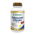 Suplemento de citrato de potasio de Herbalmax, 210 mg por porción. Ayuda a mantener la función muscular normal y contribuye a la salud cardiovascular. Envase de 120 tabletas, fabricado en Canadá. Ideal para quienes buscan un apoyo adicional en su dieta.