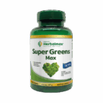 Frasco de suplemento Herbalmax Super Greens Max, que contiene 127 gramos y está diseñado para desintoxicar y aportar nutrientes esenciales. Ideal para quienes buscan mejorar su salud y bienestar a través de una dieta rica en vegetales. Producto fabricado en Canadá, recomendado para complementar una alimentación equilibrada.