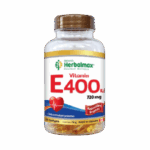 Botella de vitamina E 400 IU de Herbalmax, 720 mg, con 60 cápsulas blandas, diseñada para el apoyo antioxidante y la salud cardiovascular.