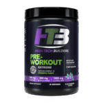 Suplemento pre-entrenamiento HTB de High Tech Builders, diseñado para proporcionar energía y potenciar el rendimiento muscular. Contiene 300 mg de cafeína, 500 mg de beta-alanina y 1000 mg de citrulina, ideal para mejorar la resistencia y los bombeos musculares. Presentado en un envase de 50 porciones con sabor a mora azul, perfecto para quienes buscan maximizar su entrenamiento y alcanzar sus objetivos fitness.