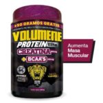Envase de suplemento de proteína Volumene Elite con creatina y BCAA's, diseñado para aumentar la masa muscular, sabor vainilla, 500 g.