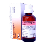 Botella de solución homeopática Dr. Reckeweg R11, utilizada para el tratamiento de diversas afecciones. El envase incluye información sobre la composición y las instrucciones de uso. Este producto es conocido por su formulación basada en ingredientes naturales y su enfoque en la salud integral. Ideal para quienes buscan alternativas en la medicina complementaria.