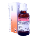 Frasco de solución homeopática Dr. Reckeweg R6, utilizado para tratar síntomas de estrés y ansiedad. El envase incluye información sobre la composición y las indicaciones del producto. Este tratamiento natural se presenta en un frasco de vidrio con tapa blanca y está diseñado para facilitar su dosificación. Ideal para quienes buscan alternativas en el manejo del estrés.