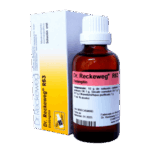 Frasco de solución oral Dr. Reckeweg R63, un medicamento homeopático indicado para el tratamiento de la angina. Contiene 10 ml de solución con ingredientes activos en una base de etanol y agua purificada. Presentado en un envase con caja, ideal para mejorar la salud bucal y aliviar síntomas relacionados con la inflamación de la garganta.