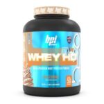 Envase de proteína en polvo Whey HD de BPI Sports, sabor vainilla caramelo, 1.81 kg, con 50 porciones. Ideal para suplementos nutricionales y desarrollo muscular.