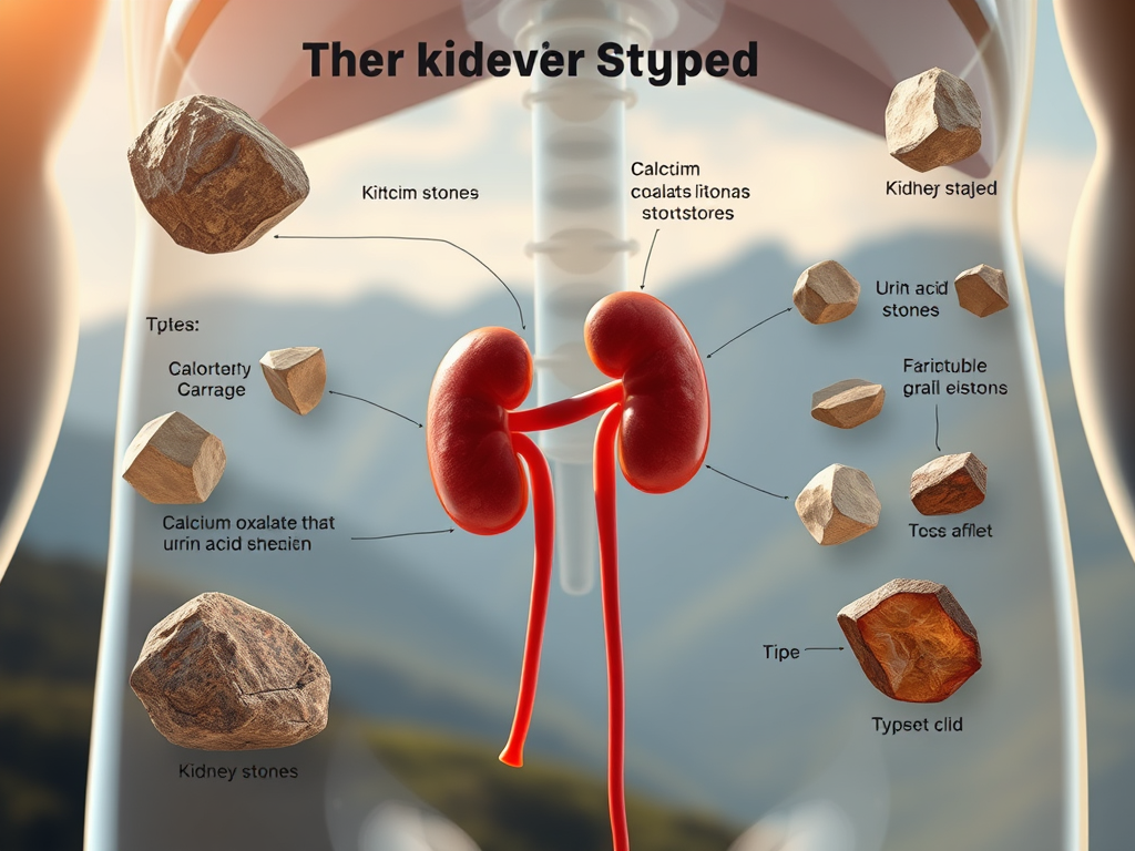 Cálculos Renales en Ecuador: Causas, Prevalencia, Factores de Riesgo y Prevención 1 Ilustración del sistema renal humano mostrando diferentes tipos de piedras en los riñones, incluyendo piedras de oxalato de calcio, ácido úrico y otros tipos de cálculos renales. La imagen destaca la anatomía del riñón y los tipos de cálculos que pueden formarse, proporcionando información sobre la salud renal.