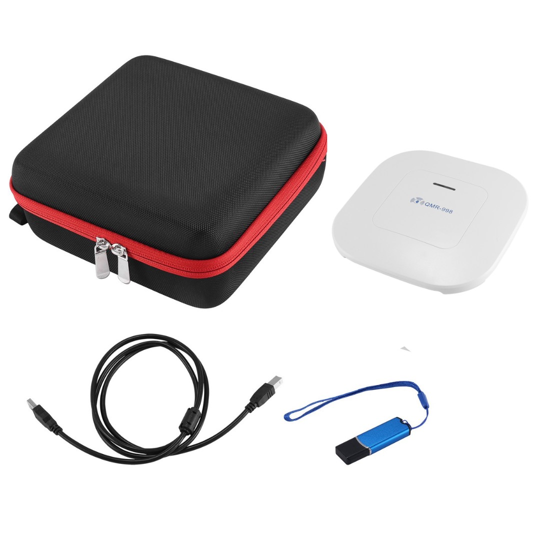 Estudio sobre máquinas de bioresonancia magnética y dispositivos cuánticos de frecuencia energética 1 Estuche negro con rojo, un adaptador blanco, un cable USB y una memoria USB azul, ideal para almacenamiento y transferencia de datos.
