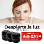 Mujer sonriente con piel radiante, mostrando la mitad de su rostro iluminado y la otra en sombras. En la parte inferior, tres frascos de crema Nacar y un letrero que destaca una oferta de tres frascos por $30. Ideal para resaltar el cuidado de la piel.
