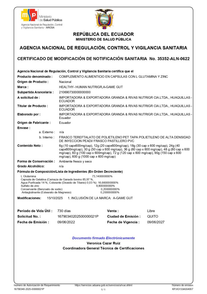 A-GAME GUT | Reparador Digestivo y Muscular | 50 Cápsulas 4 registro AGAME GUT page 0001